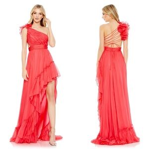 NWT Mac Duggal 67989 Red Ruffled One Shoulder Asymmetrical Gown Size 0
